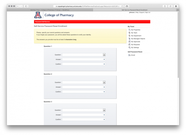 Password Reset security questions