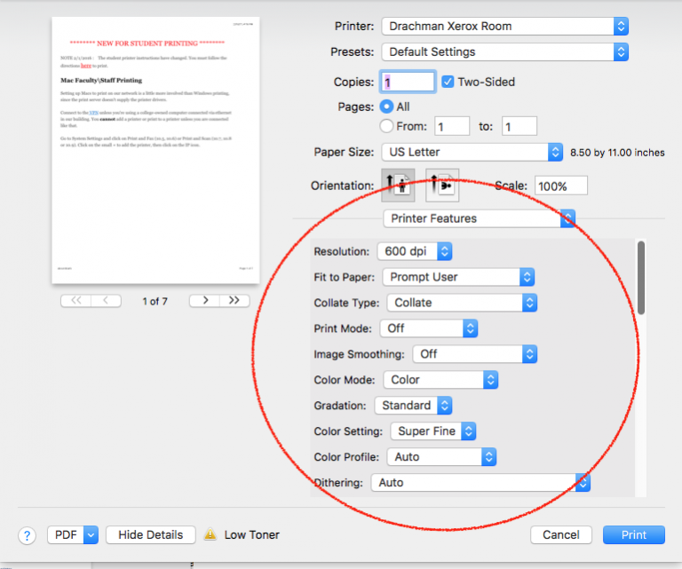 Mac printing settings